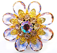 1950s Vintage Costume Jewelry Pink Diamante Floral Pin and Earrings - Pin - Thumbnail