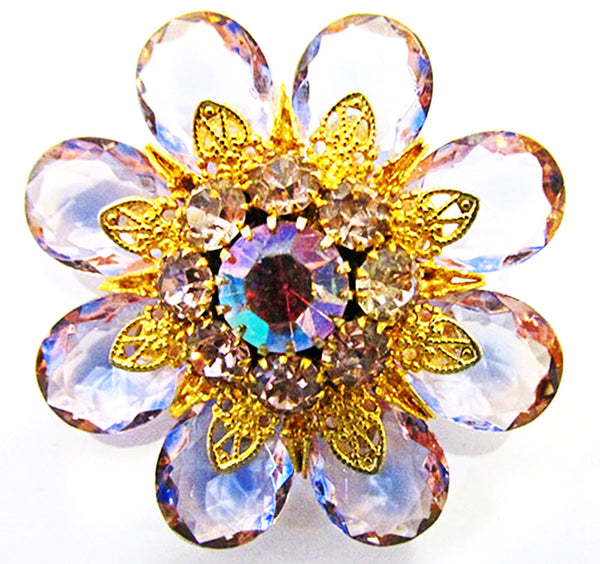 1950s Vintage Costume Jewelry Pink Diamante Floral Pin and Earrings - Pin