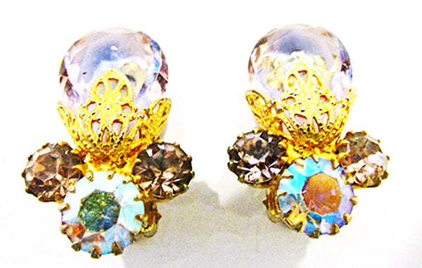 1950s Vintage Costume Jewelry Pink Diamante Floral Pin and Earrings - Earrings