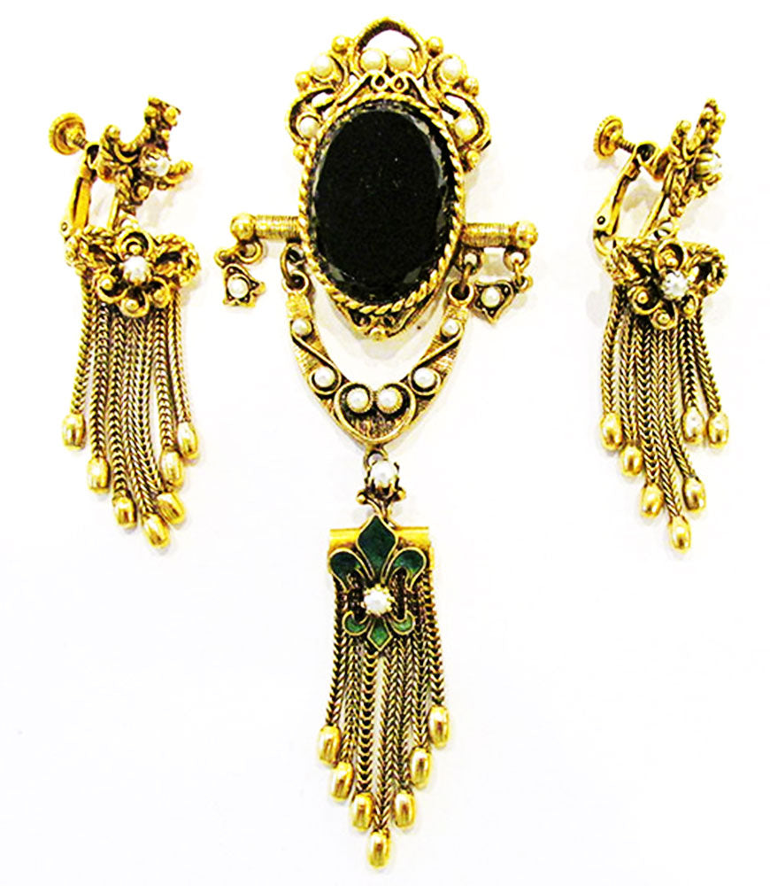 Vendome Vintage 1960s Flawless Onyx and Pearl Pin and Earrings Set - Front