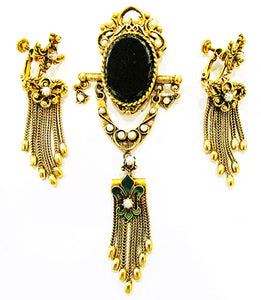 Vendome Vintage 1960s Flawless Onyx and Pearl Pin and Earrings Set - Front