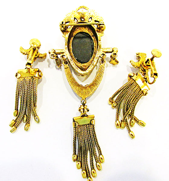 Vendome Vintage 1960s Flawless Onyx and Pearl Pin and Earrings Set - Back