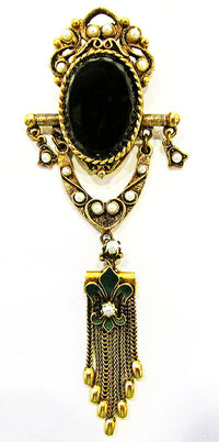 Vendome Vintage 1960s Flawless Onyx and Pearl Pin and Earrings Set - Pin - Thumbnail