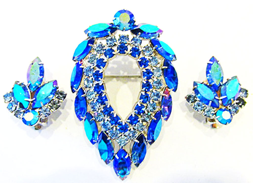 Sarah Coventry Vintage Jewelry Iconic Blue Lagoon Pin and Earrings Set - Front