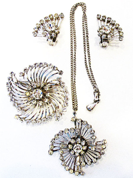 Sophisticated Coro Mid-Century Diamante Necklace, Earrings, and Pin - Front