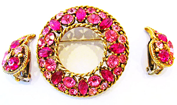 Regency Vintage 1950s Designer Fuchsia Rhinestone Pin and Earrings - Front