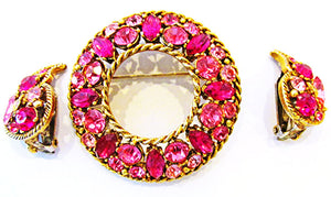 Regency 1950s Vintage Jewelry Fuchsia Diamante Pin and Earrings Set - Front