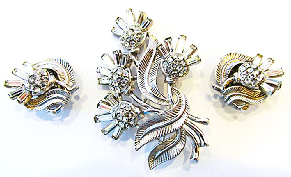 Crown Trifari 1950s Vintage Thistle Pin and Earrings Book Piece Set - Front