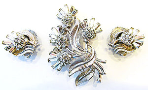 Crown Trifari 1950s Vintage Thistle Pin and Earrings Book Piece Set - Front