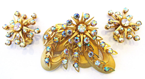 Kramer Vintage 1950s Designer Avant-Garde Rhinestone Pin and Earrings - Front