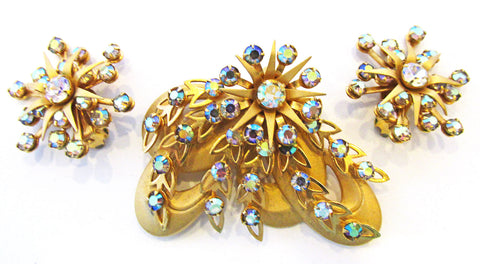 Kramer Vintage 1950s Designer Avant-Garde Rhinestone Pin and Earrings - Front