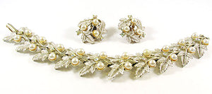 Judy Lee 1950s Vintage Diamante and Pearl Bracelet and Earrings Set - Front