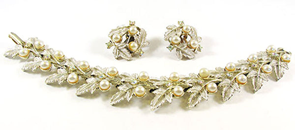 Judy Lee 1950s Vintage Diamante and Pearl Bracelet and Earrings Set - Front