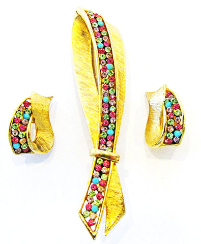 Kramer 1950s Vintage Designer Jewelry Diamante Ribbon Pin and Earrings - Front