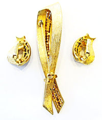 Kramer 1950s Vintage Designer Jewelry Diamante Ribbon Pin and Earrings - Back - Thumbnail