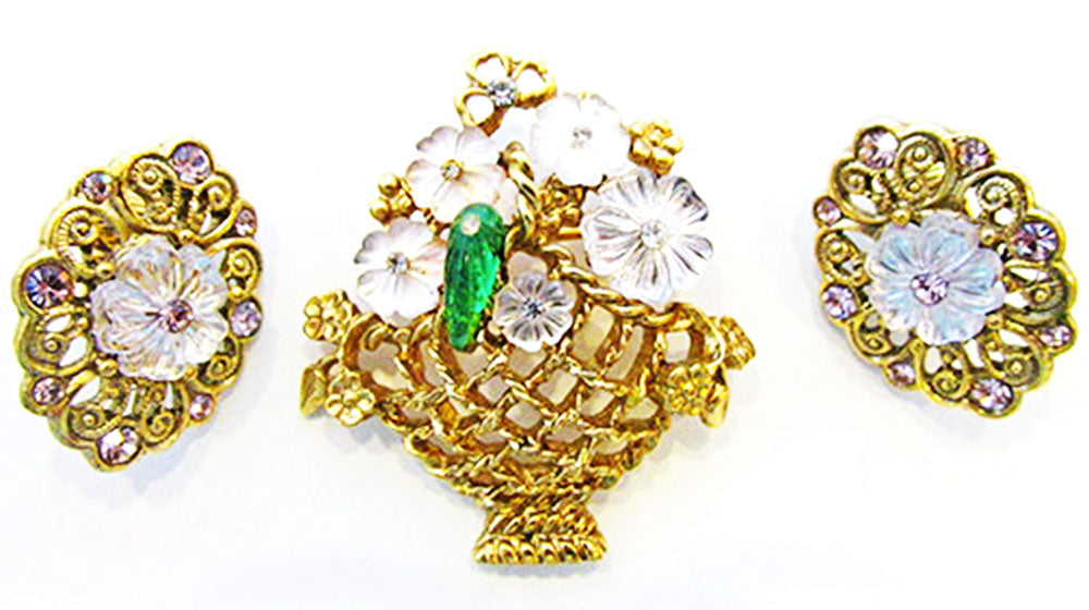 Vintage Jewelry Adorable 1960s Diamante Floral Pin and Earrings Set - Front