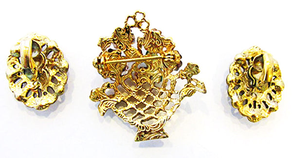 Vintage Jewelry Adorable 1960s Diamante Floral Pin and Earrings Set - Back
