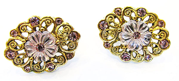 Vintage Jewelry Adorable 1960s Diamante Floral Pin and Earrings Set - Earrings