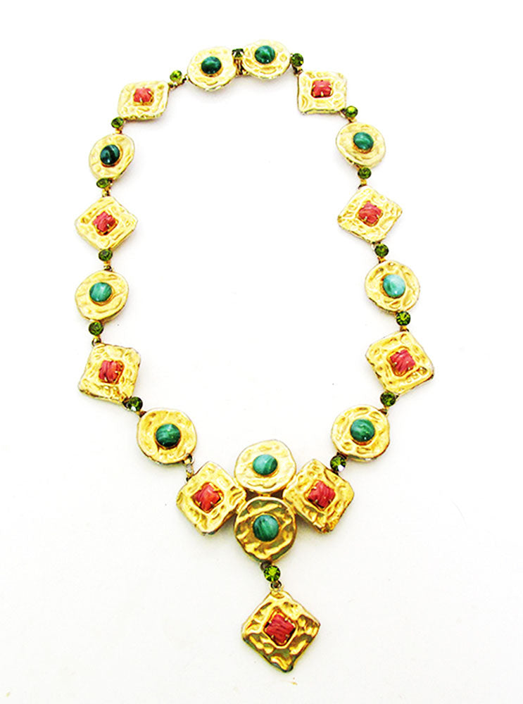 Vogue Vintage 1960s Avant-Garde Jade and Coral Diamante Necklace - Front