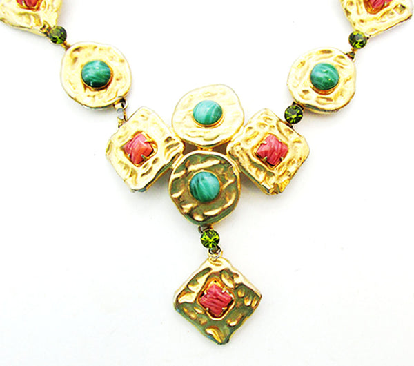 Vogue Vintage 1960s Avant-Garde Jade and Coral Diamante Necklace - Close Up