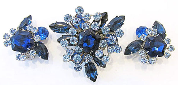 Vintage 1950s Beaujewels Blue Rhinestone Floral Pin and Earrings - Front
