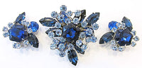 Vintage 1950s Beaujewels Blue Rhinestone Floral Pin and Earrings - Front - Thumbnail