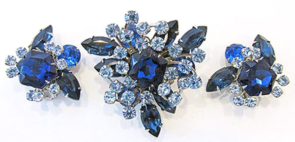 Beaujewels 1950s Vintage Jewelry Sapphire Diamante Pin and Earrings - Front
