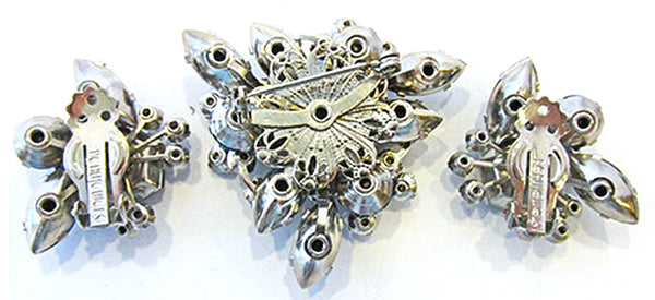 Beaujewels 1950s Vintage Jewelry Sapphire Diamante Pin and Earrings - Back