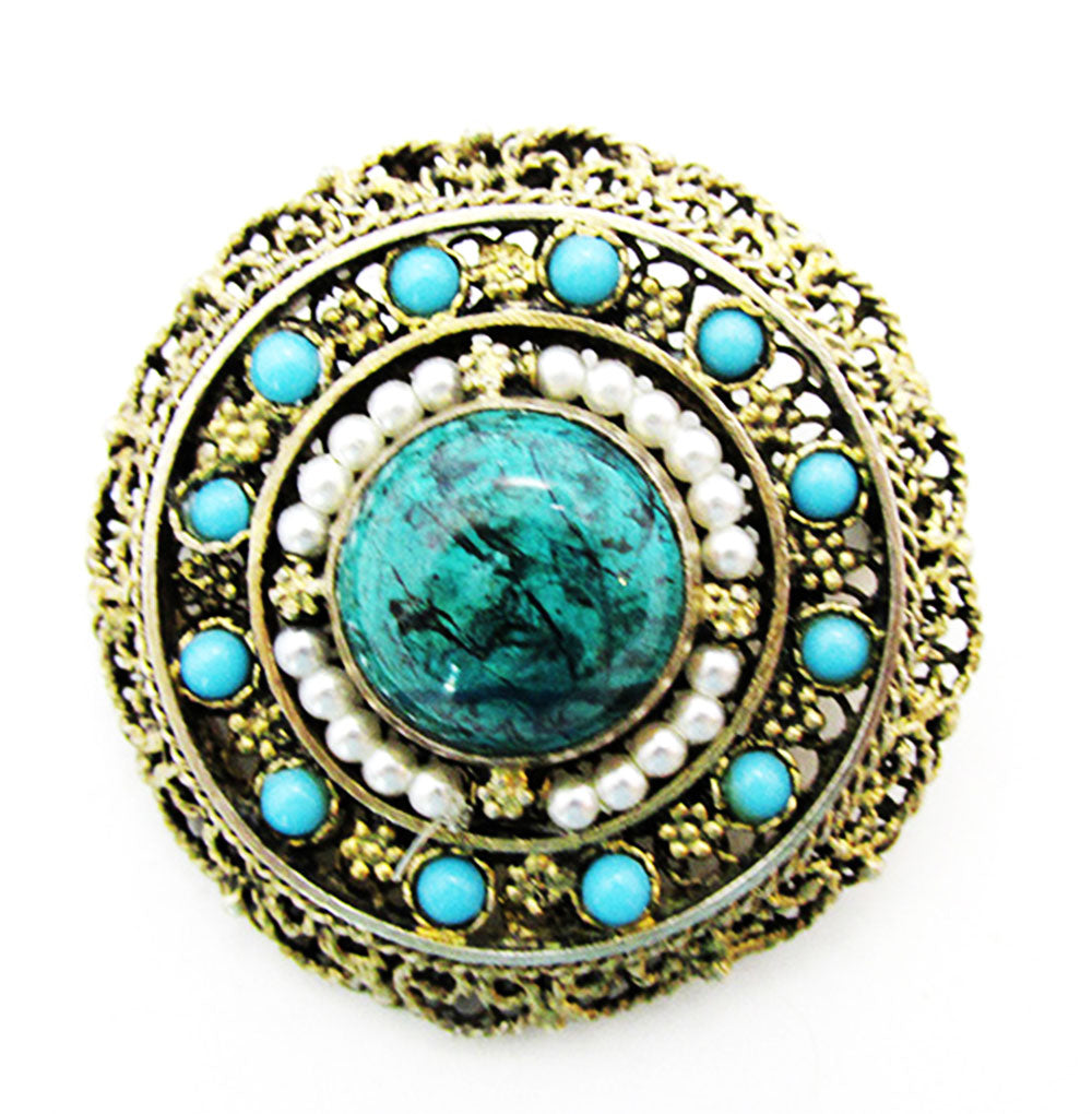 Vintage 1950s Mid-Century Turquoise and Pearl Filigree Pin/Pendant - Front