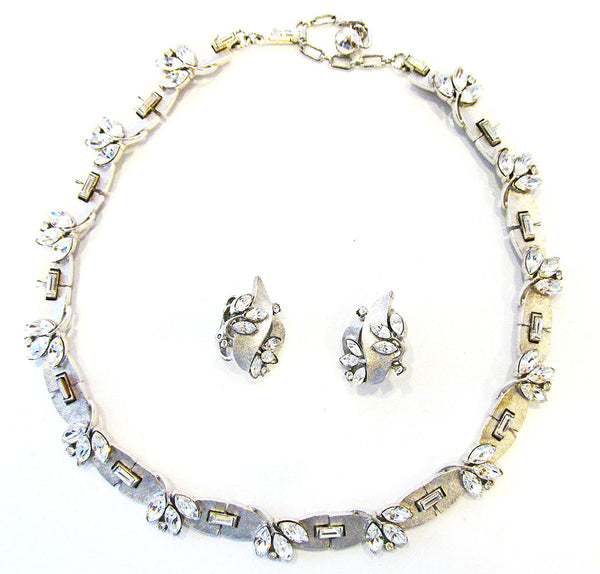 Vintage 1950s Crown Trifari Designer Floral Rhinestone Set - Front
