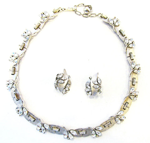 Vintage 1950s Crown Trifari Designer Floral Rhinestone Set - Front