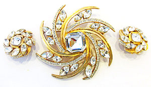 Vintage 1960s Avant-Garde Contemporary Style Diamante Pin and Earrings - Front