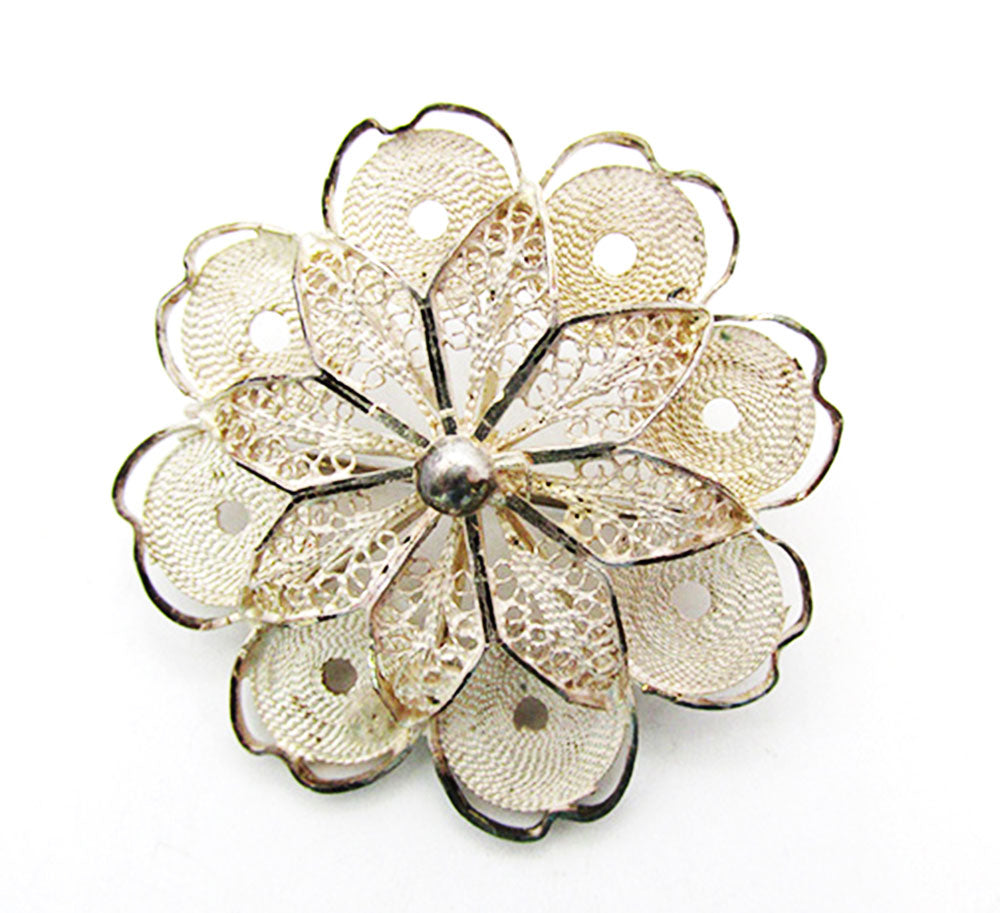 Antique Mid-1800s European Sterling Silver Cannetille Work Floral Pin - Front