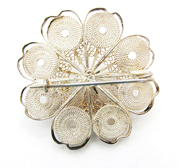 Antique Mid-1800s European Sterling Silver Cannetille Work Floral Pin - Back