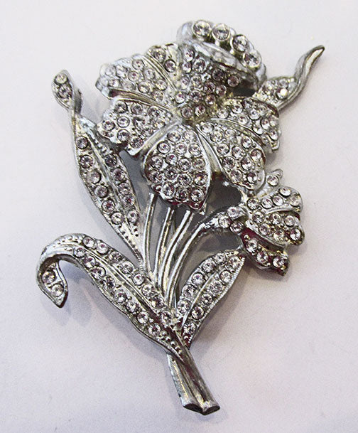 Vintage 1930s Gorgeous Retro Pot Metal Rhinestone Floral Pin