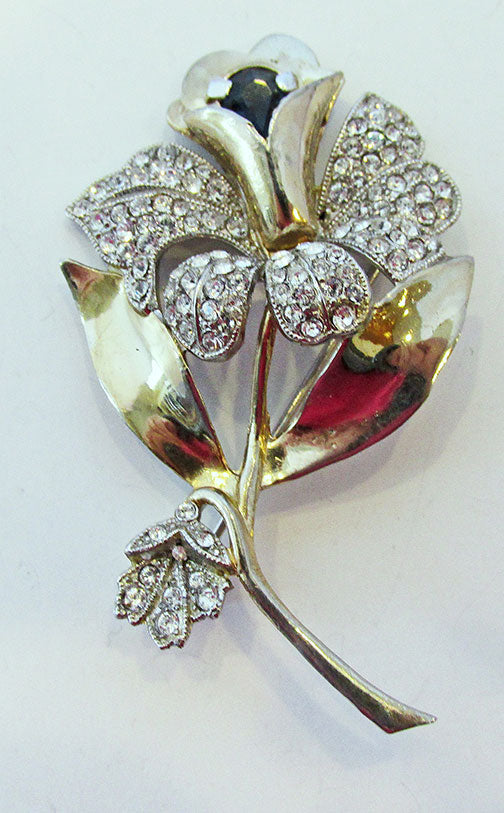 Vintage 1940s Retro Clear and Sapphire Floral Rhinestone Pin
