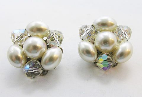 Vintage Retro Pearl and Crystal Button Earrings