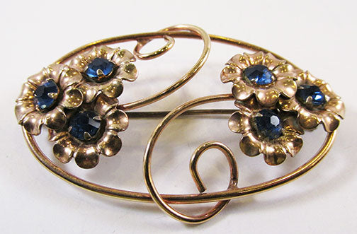 Vintage 1940s Beautiful Gold Filled Sapphire Rhinestone Floral Pin