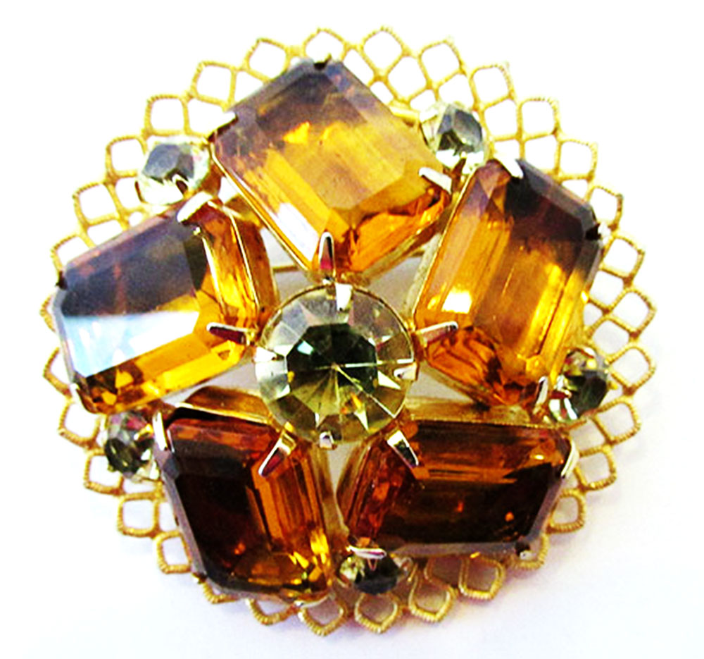 Vintage 1950s Jewelry Bold Mid-Century Citrine and Topaz Diamante Pin - Front