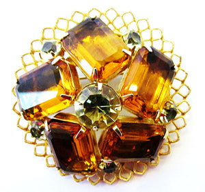 Vintage 1950s Jewelry Bold Mid-Century Citrine and Topaz Diamante Pin - Front