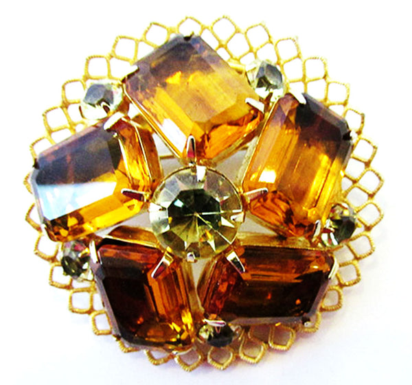 Vintage 1950s Jewelry Bold Mid-Century Citrine and Topaz Diamante Pin - Front