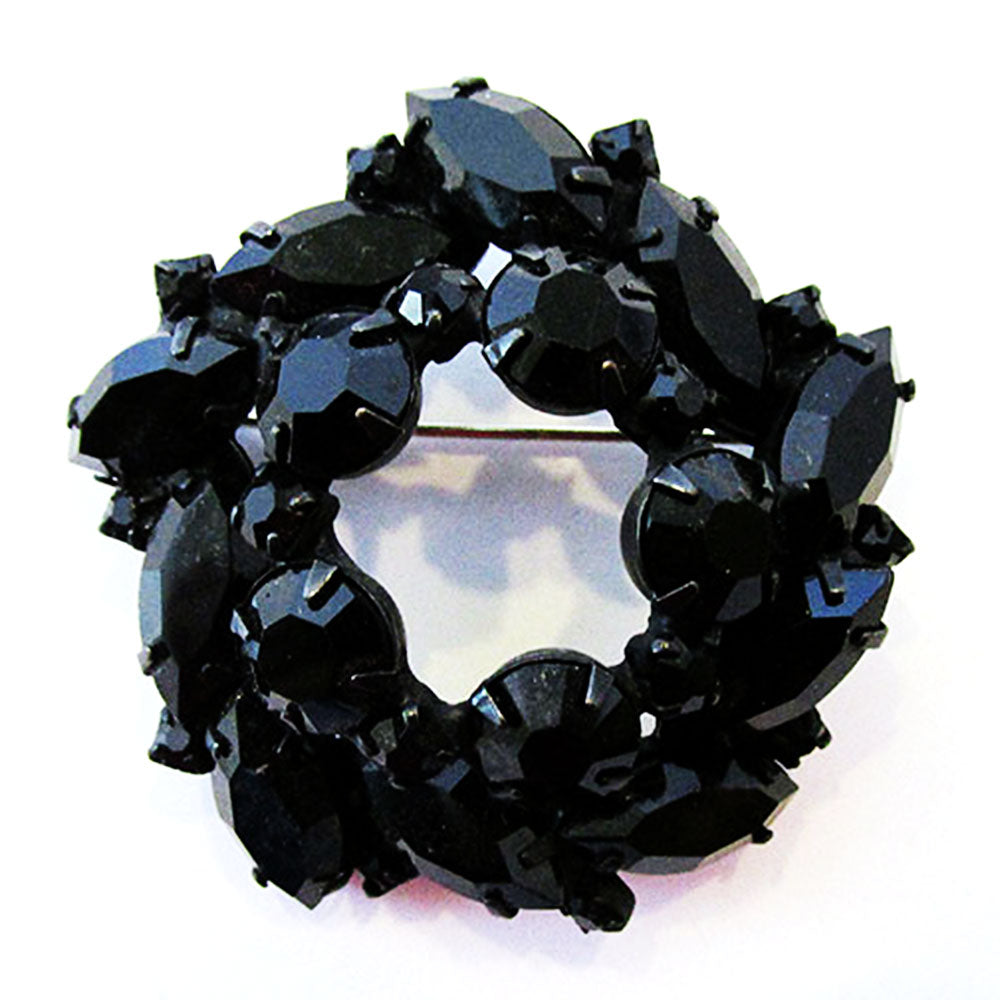 Vintage 1950s Jewelry Gorgeous Two-Tier Black Diamante Japanned Pin - Front