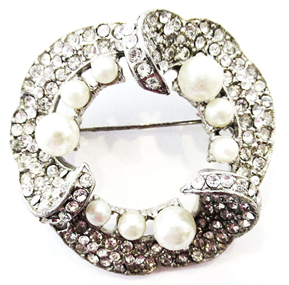 Vintage 1950s Jewelry Distinctive Diamante and Pearl Circle Pin - Front