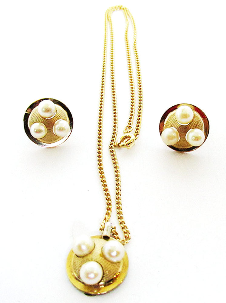 DCE 1950 Vintage Jewelry Dainty Gold Filled Pearl Pendant and Earrings - Front