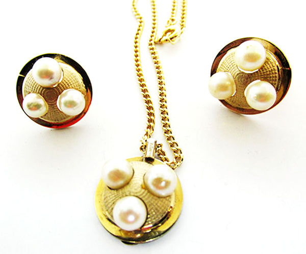 DCE 1950 Vintage Jewelry Dainty Gold Filled Pearl Pendant and Earrings - Close Up