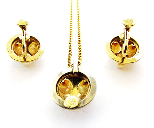 DCE 1950 Vintage Jewelry Dainty Gold Filled Pearl Pendant and Earrings - Back