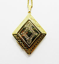 Desirable Mid-Century 1960s Flawless Gold Etched Geometric Locket - Close Up, Front - Thumbnail