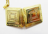 Desirable Mid-Century 1960s Flawless Gold Etched Geometric Locket - Front and Back Etching - Thumbnail