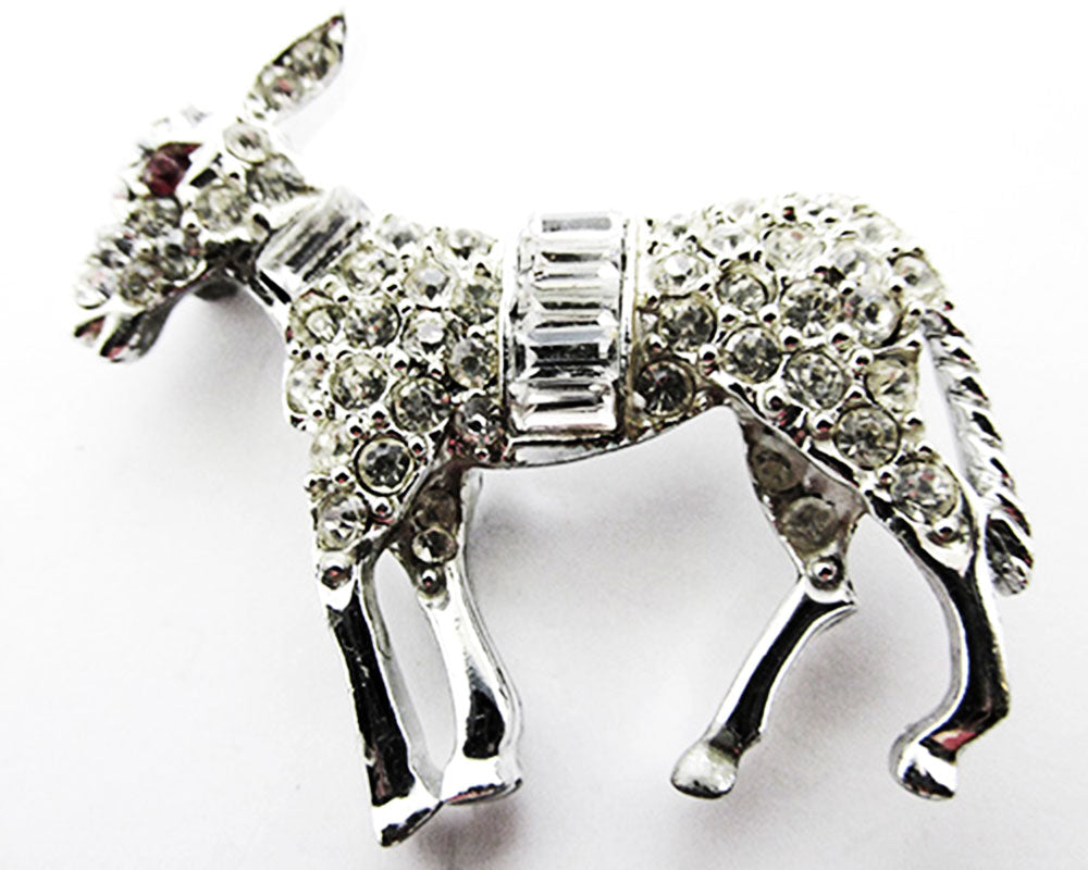 Vintage 1960s Jewelry Adorable Mid-Century Diamante Donkey Pin - Front