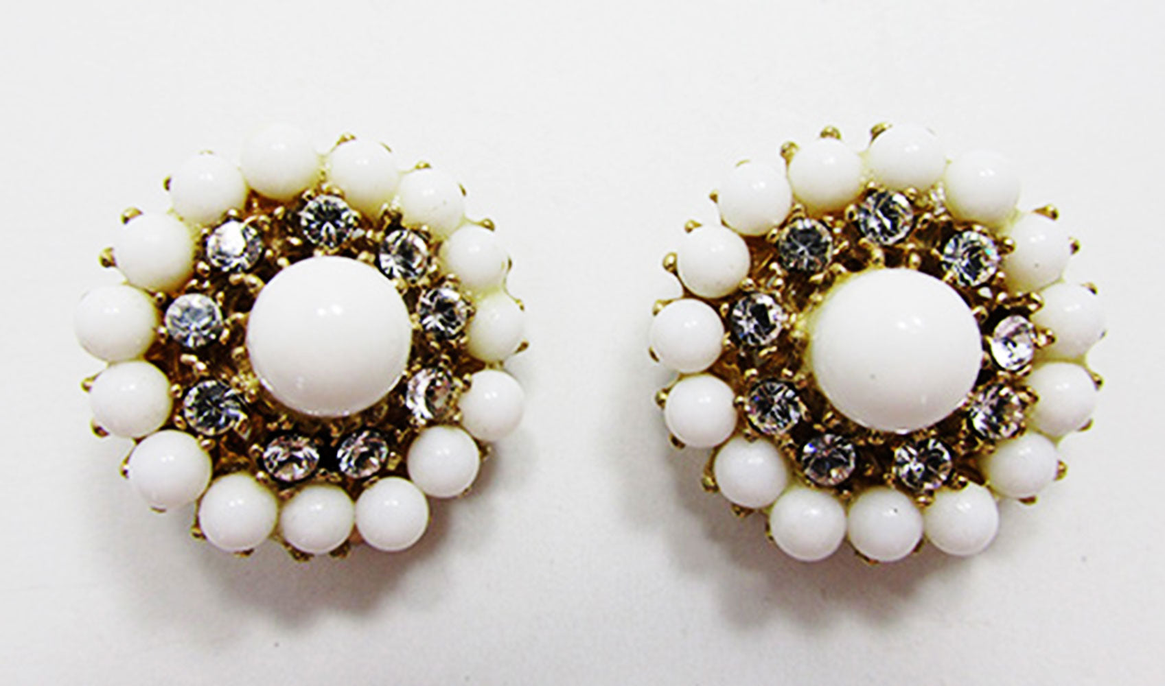 Vintage 1950s Mid-Century Diamante and Bead Clip On Circle Earrings - Front